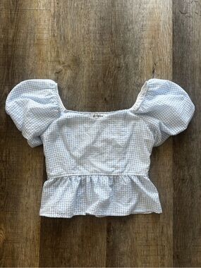 Lily White Light Blue Gingham Puff Sleeve Peplum Crop Top